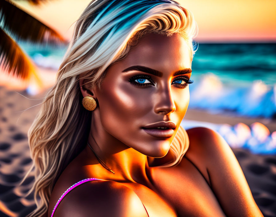 Digitally Enhanced Portrait of Woman with Blue Eyes & Blonde Hair at Beach Sunset