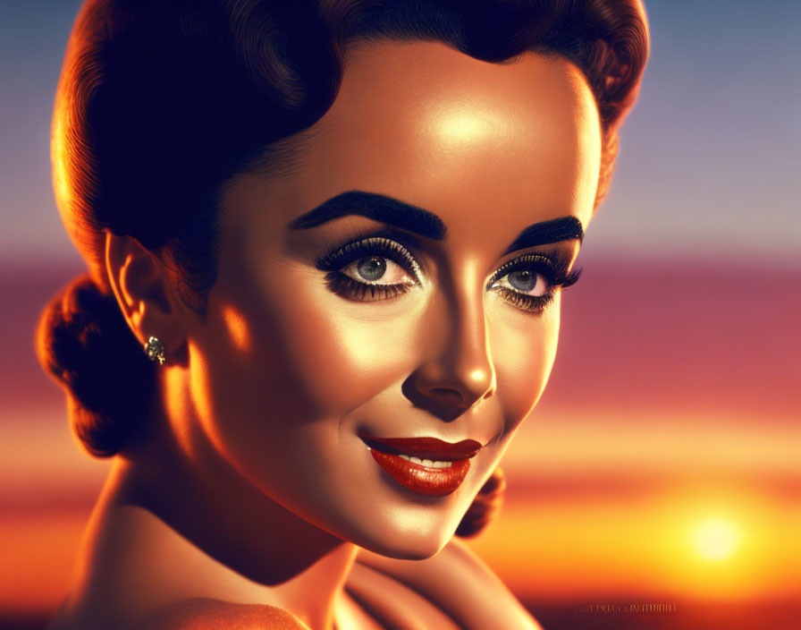 Stylized portrait of woman with vintage makeup and hairstyle on warm sunset backdrop