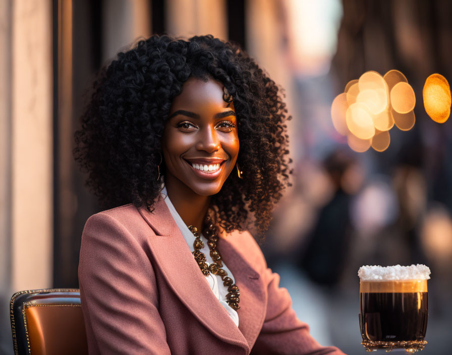 Smiling woman with curly hair at café with coffee and warm bokeh lights