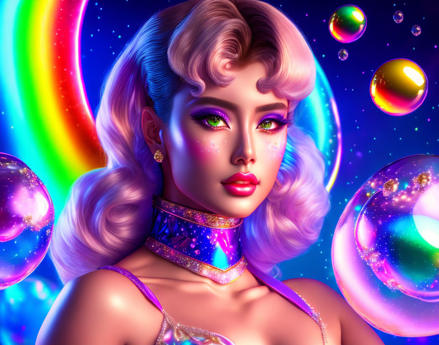 Colorful digital artwork of a woman with pink hair and green eyes in cosmic setting