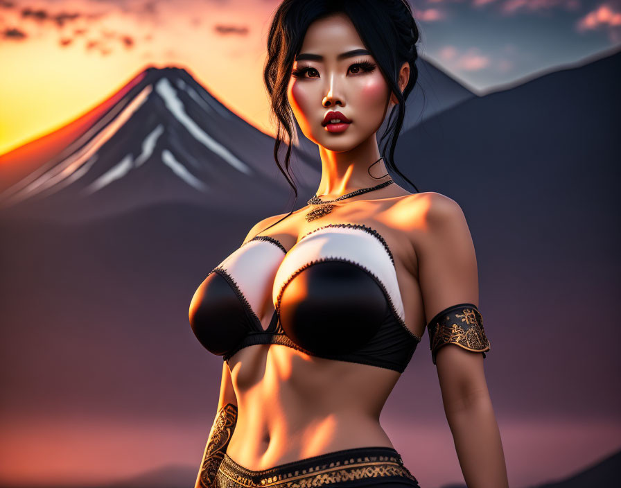 Digital artwork: Asian woman in black and gold attire with mountain sunset backdrop