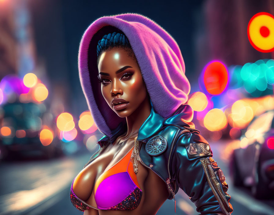 Stylized image of woman with striking makeup in futuristic outfit against city nightscape