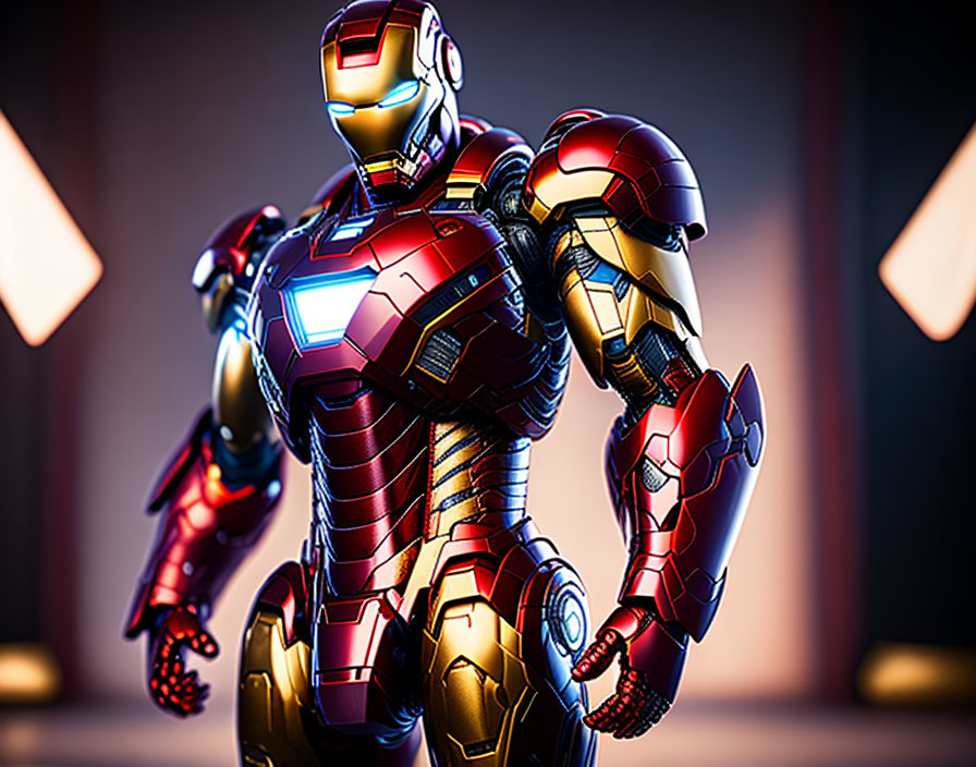 Detailed image: Red and gold armored suit with glowing chest piece on dramatic backdrop.