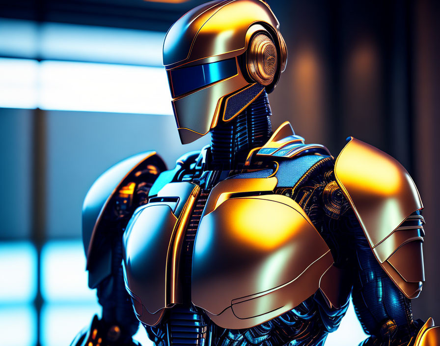 Futuristic gold and blue robot with advanced armor on orange-lit background