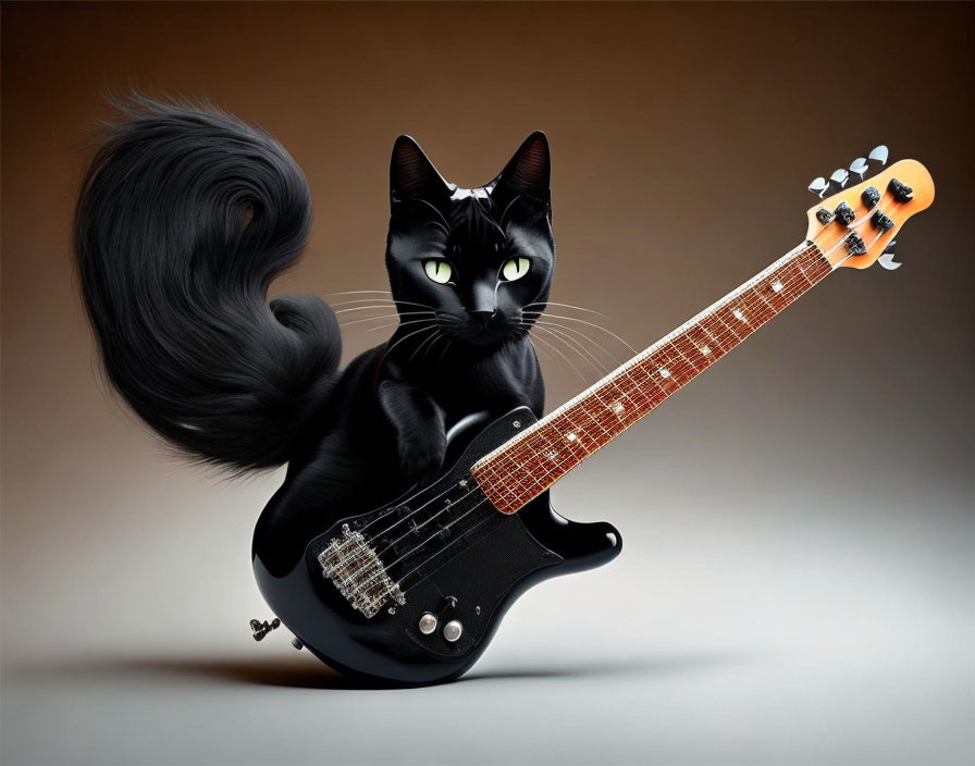 Animated Black Cat Wearing Silver Crown with Guitar