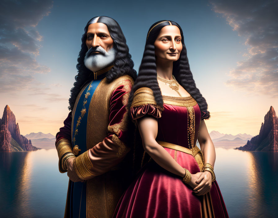 Regal man and woman in historical attire by serene lake and mountains