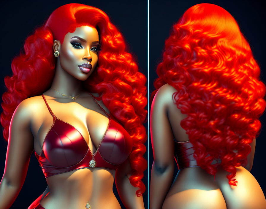 Vibrant Red-Haired Woman in Burgundy Bikini: 3D Illustration