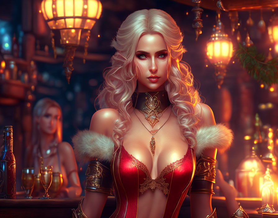 Fantasy female character with white hair in red and gold outfit in tavern setting