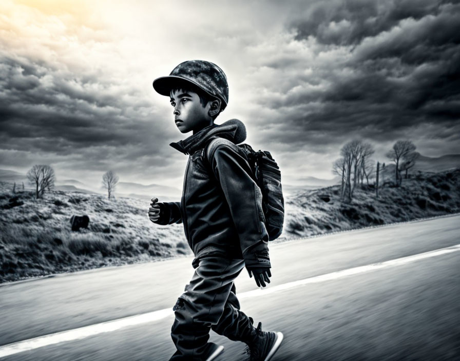 Determined young boy walking on desolate road under dramatic sky