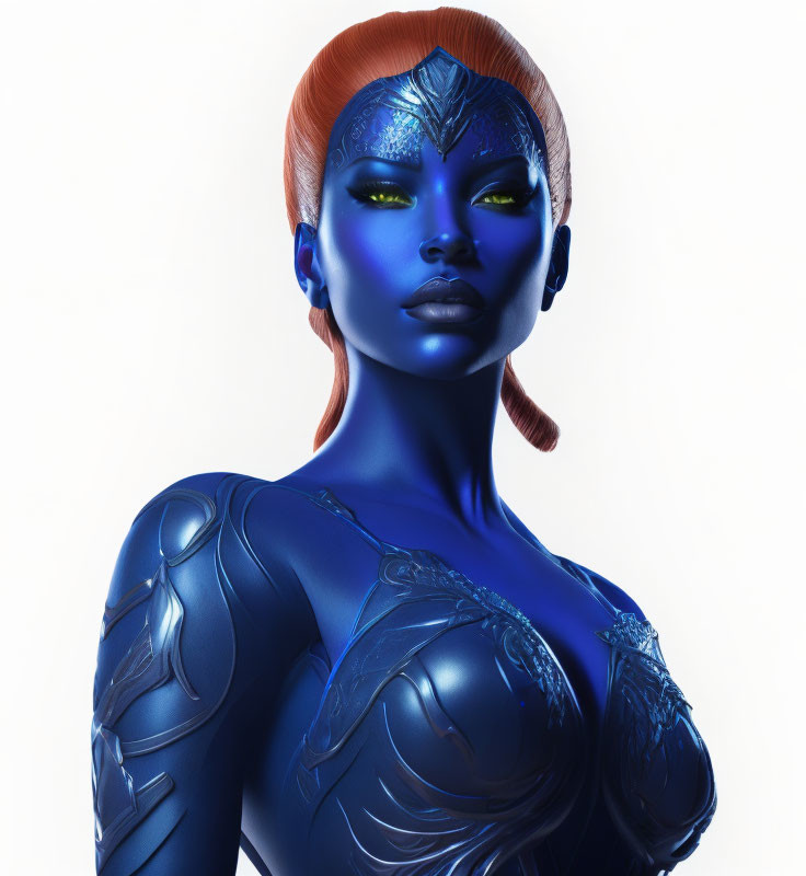 Blue-skinned female figure in futuristic armor with red hair and intricate face patterns