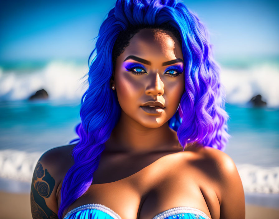 Blue and Purple Hair Woman with Tattoos on Beach Shore