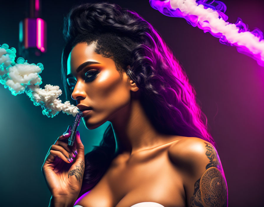 Tattooed woman vaping in neon lighting