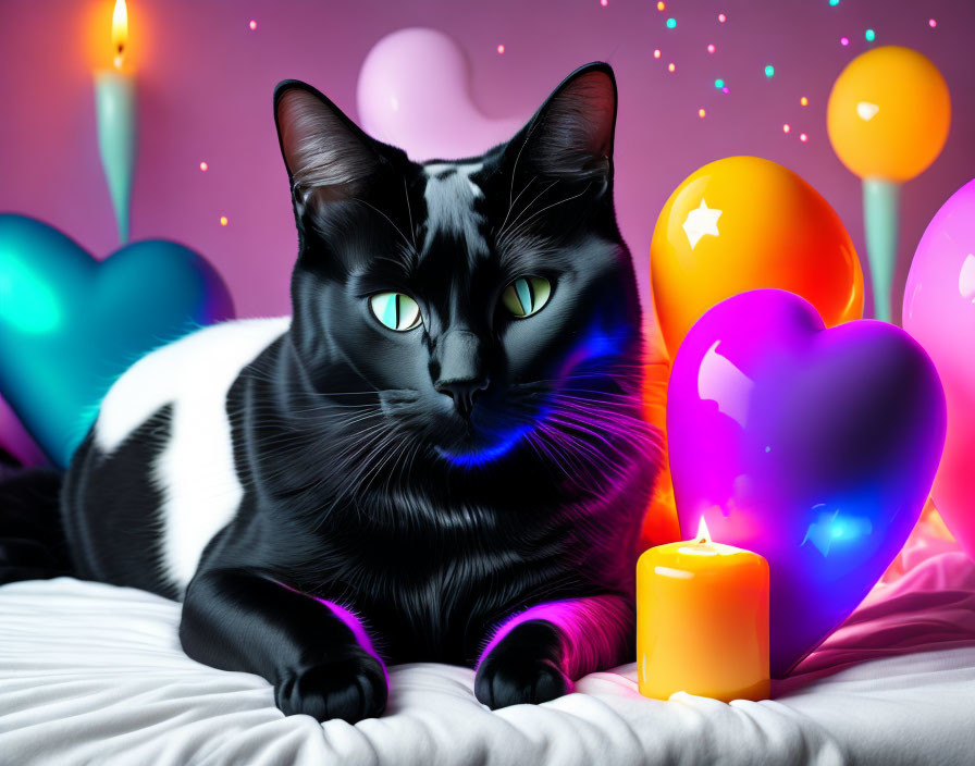 Black Cat with Green Eyes Surrounded by Heart Balloons and Candle