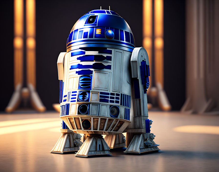 Detailed 3D rendering of R2-D2 droid in illuminated corridor