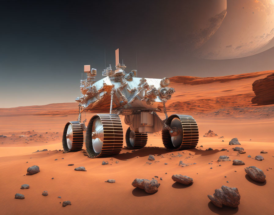 Futuristic rover explores Martian desert with large planet in sky