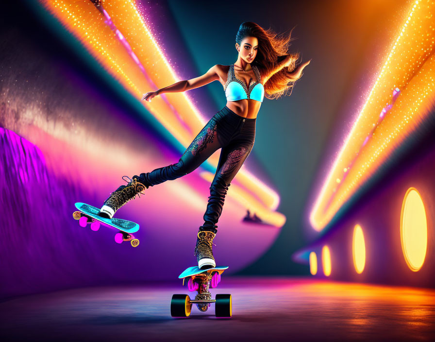 Skateboard trick with vibrant neon lights