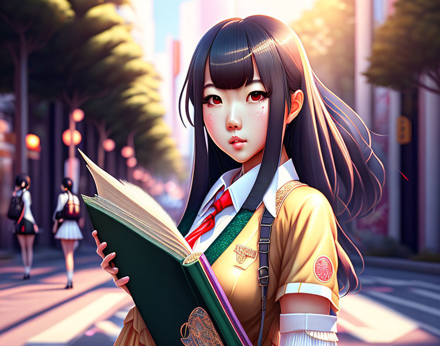 Anime-style girl with black hair in yellow school uniform reading book in city street.