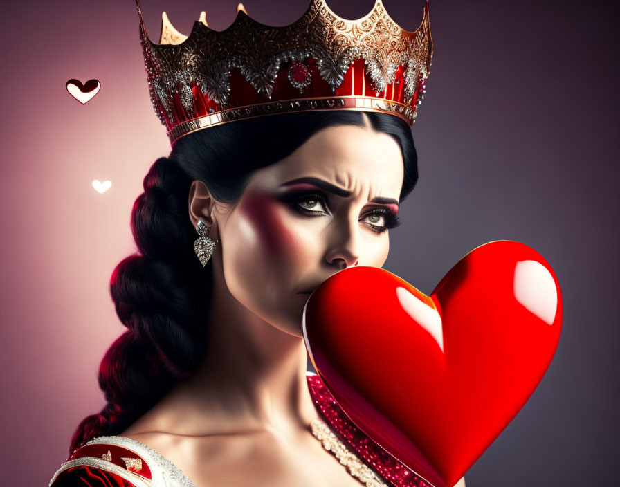 Illustrated queen holding heart with crown on purple background