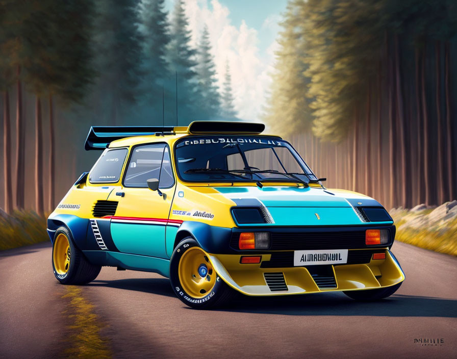 Colorful Modified Vintage Car with Racing Decals in Forest Setting