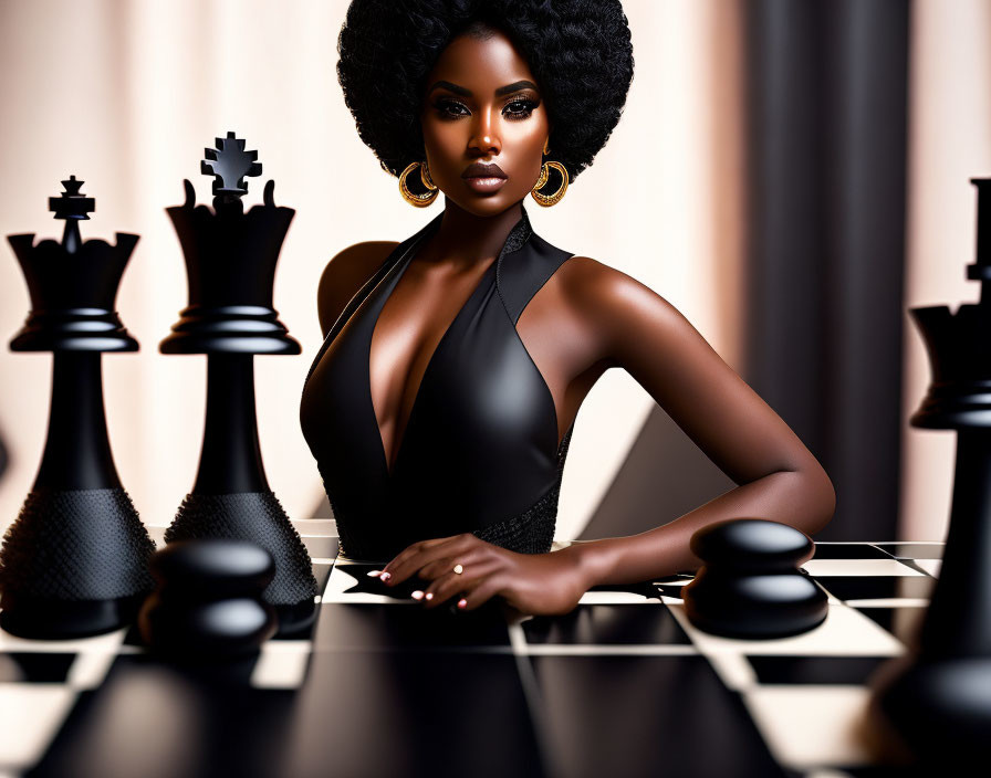 Woman with Striking Makeup and Voluminous Afro Hairstyle Poses with Large Black Chess Pieces