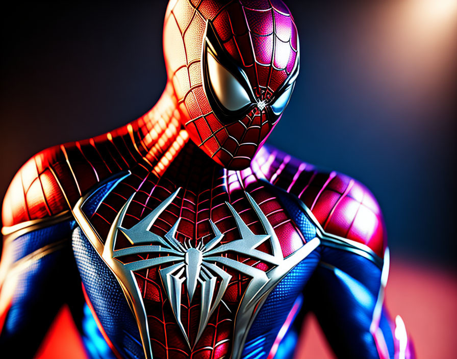 Detailed Close-Up of Spider-Man in Red and Blue Suit with Spider Emblem