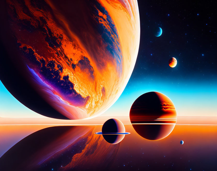 Surreal digital art of alien landscape with multiple planets in gradient sky