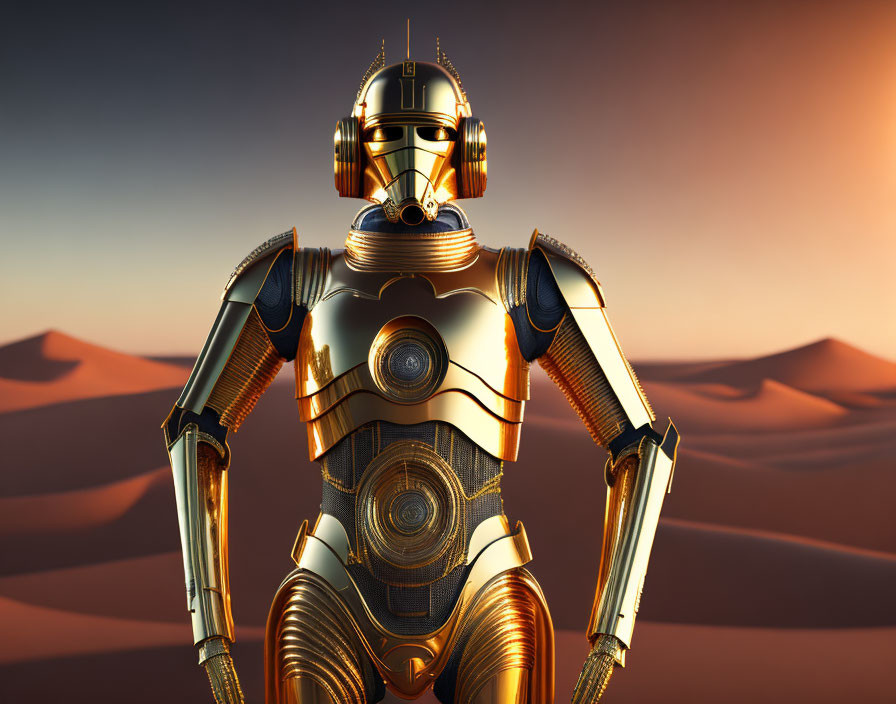 Glossy gold humanoid robot in desert dunes under orange sky