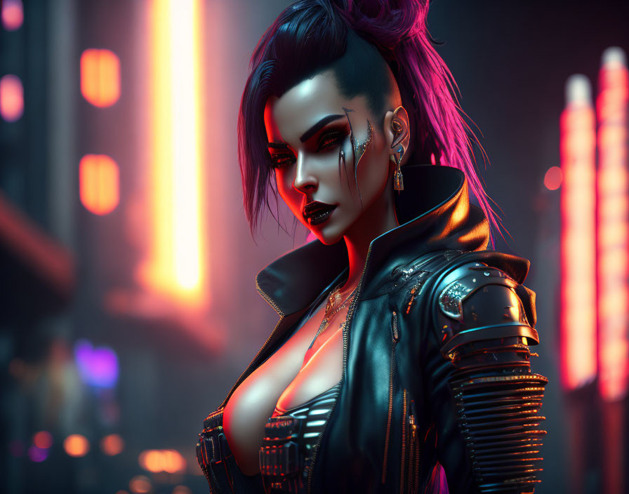 Futuristic woman with purple hair and cybernetic enhancements in neon-lit cityscape