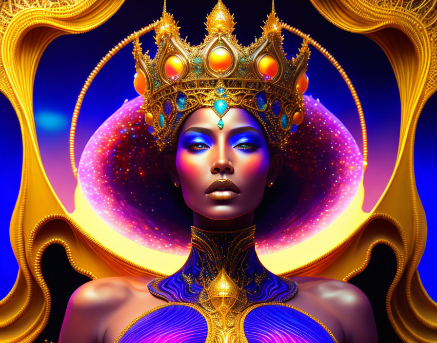 Regal woman with golden crown and cosmic background