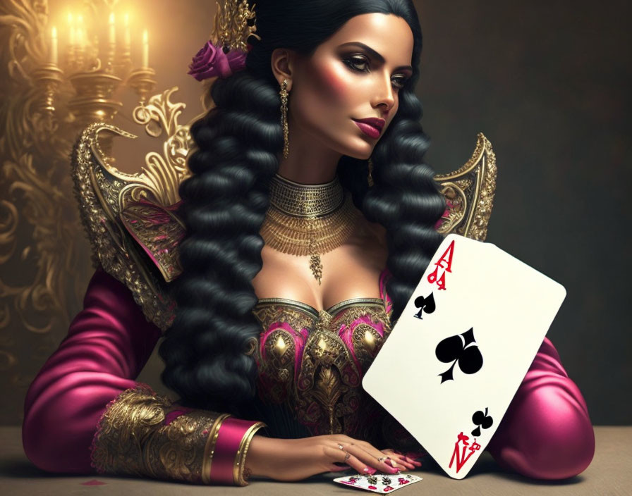 Regal woman with dark hair and golden jewelry holding an ace of spades