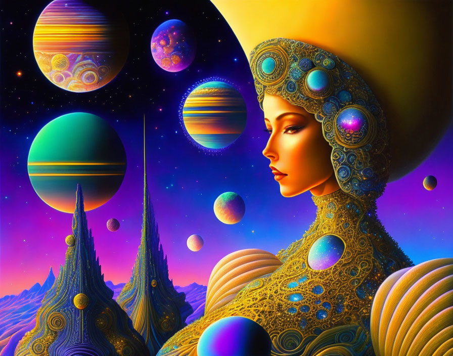 Vibrant digital art: woman with ornate headdress in cosmic fantasy setting