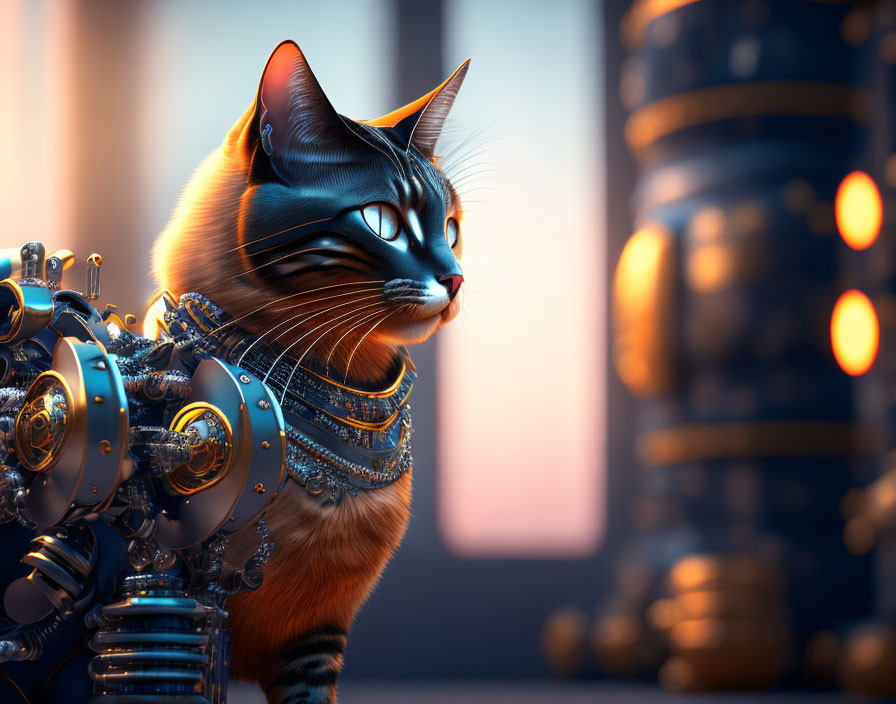 Detailed futuristic robotic cat against industrial backdrop