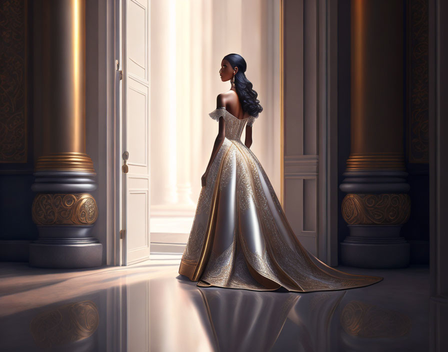 Glowing gown elegant woman in luxurious setting with grand doors