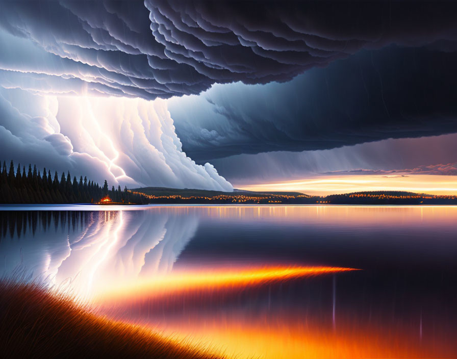 Vibrant lightning storm over serene lake with fiery sky