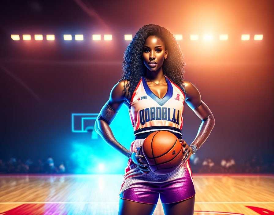 Female basketball player poses on court with dramatic lighting