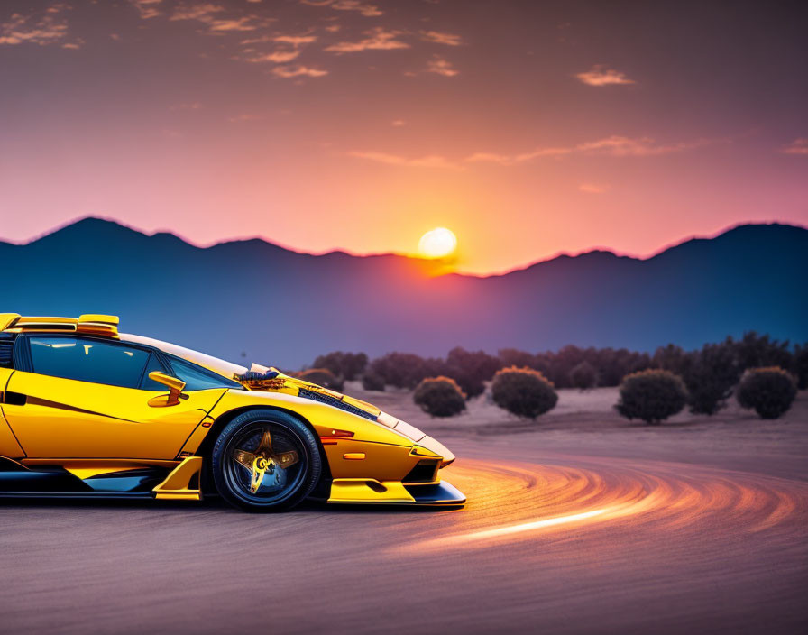 Yellow sports car on desert road at sunset with mountains and vibrant orange sky