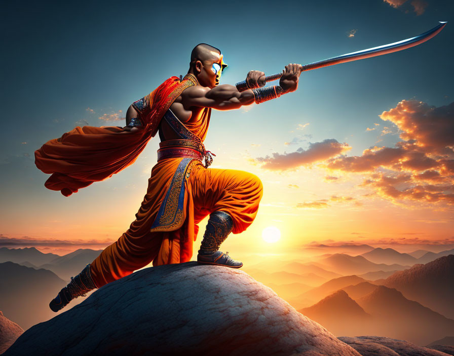 Warrior in Orange Attire with Sword Posed on Rock at Sunset