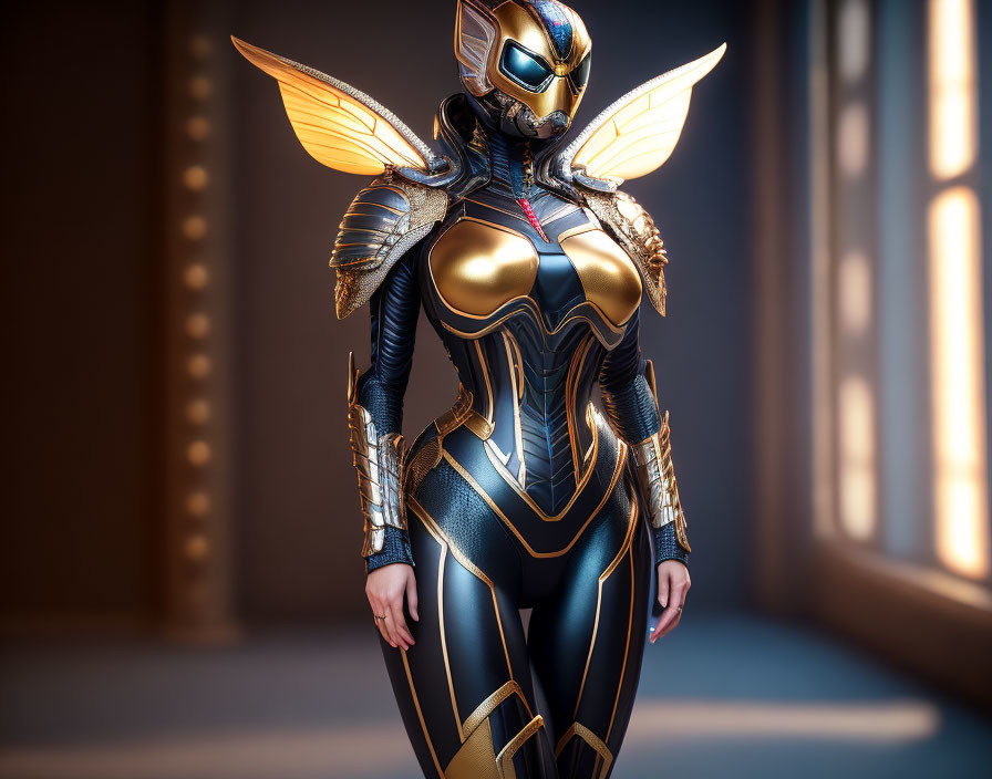 Futuristic insect-inspired armor suit with golden wings and sleek helmet in softly lit room