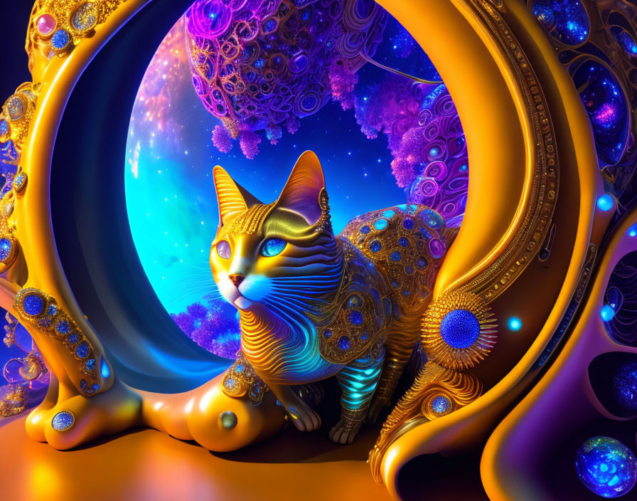 Vibrant digital artwork of stylized cat on psychedelic background