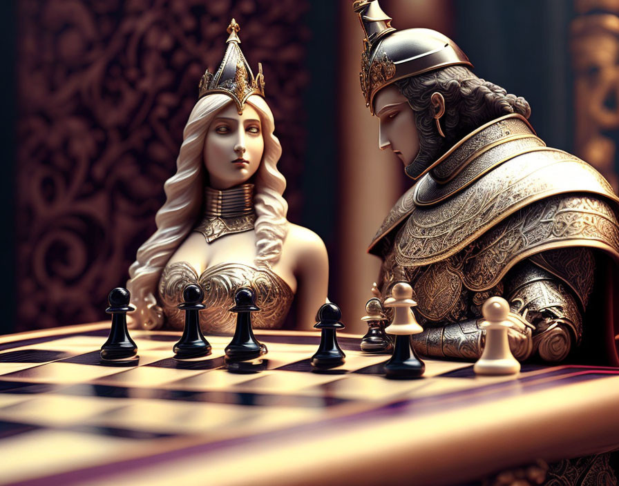 Regal queen and king chess pieces in human form on elaborate chessboard