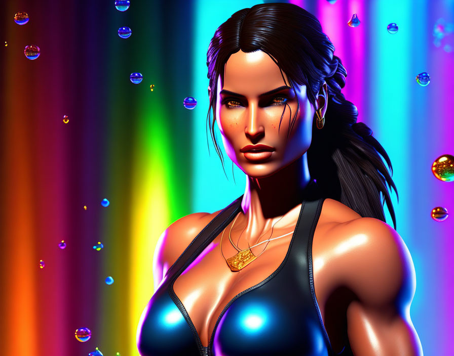 Colorful 3D Rendered Woman with Striking Features and Floating Bubbles