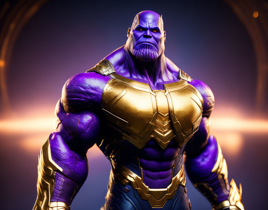 Purple-skinned character in golden armor on warm glowing background