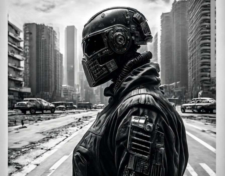 Futuristic figure in helmet and jacket in city street with skyscrapers and cars in monochrome