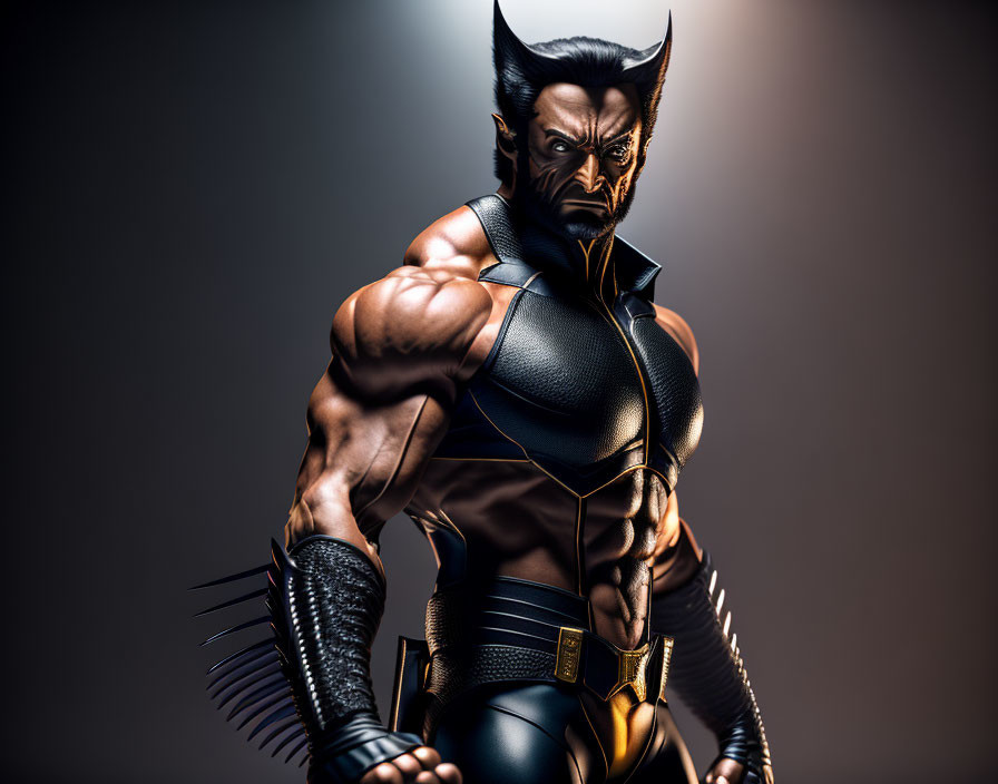 Muscular character with claws in black suit and pointed ears on dark background