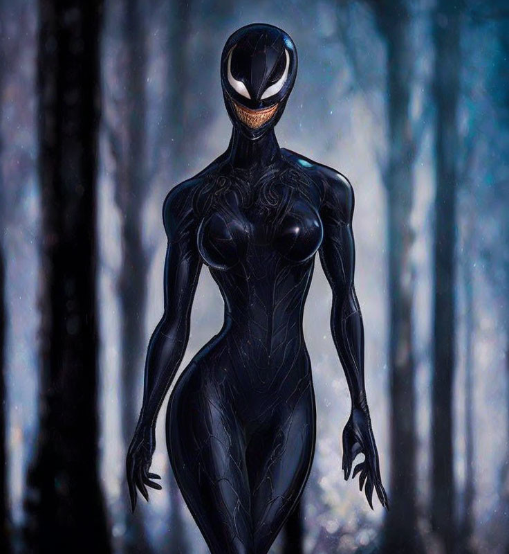 Black Symbiote Costume Figure with White Spider Emblem in Moody Forest Setting