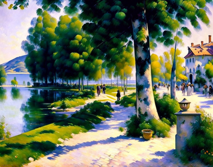 Tranquil lakeside landscape with green trees and people walking by