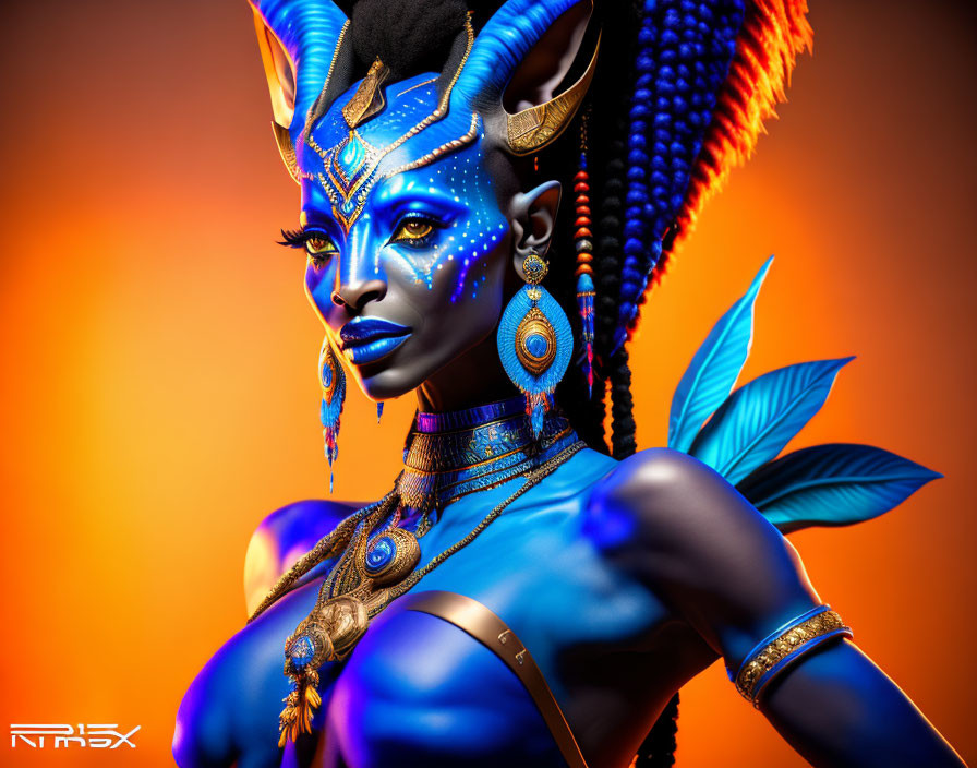 Vibrant digital artwork: Blue-skinned female character with exotic jewelry and headdress on orange background