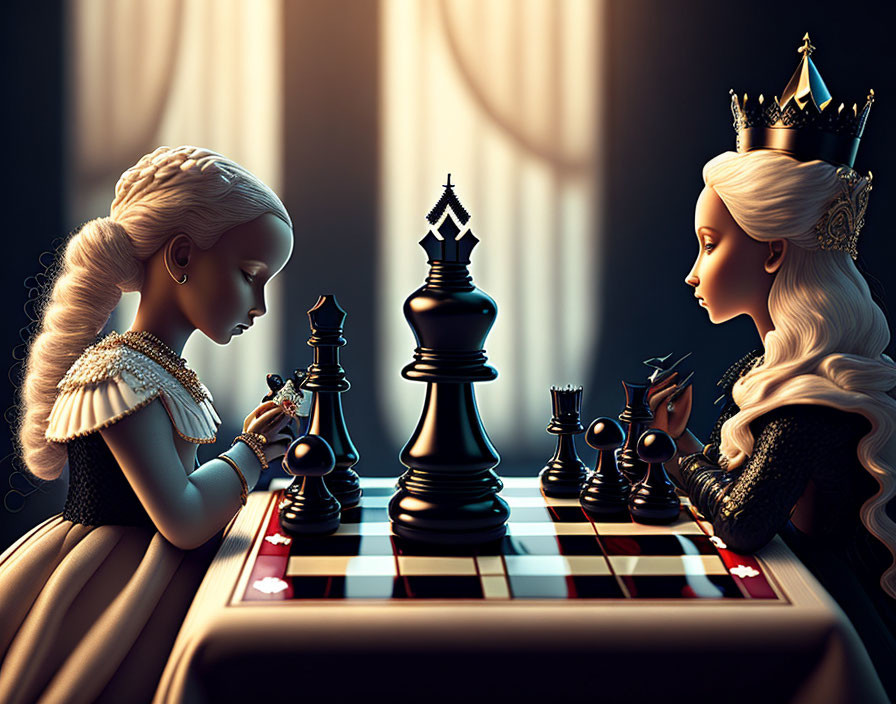 Stylized female figures resembling chess queens in dimly lit, dramatic scene