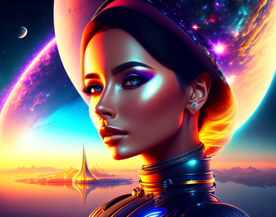 Futuristic woman in sleek attire with glowing makeup against cosmic backdrop