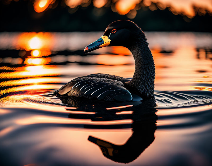 Black Swan Floating on Tranquil Water at Sunset with Warm Light Reflecting on Ripples